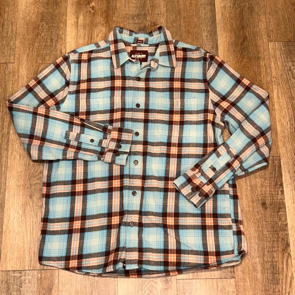 Alesbury Mens Flannel Shirt Medium Blue Brown Plaid Cotton Cabincore Button Up
